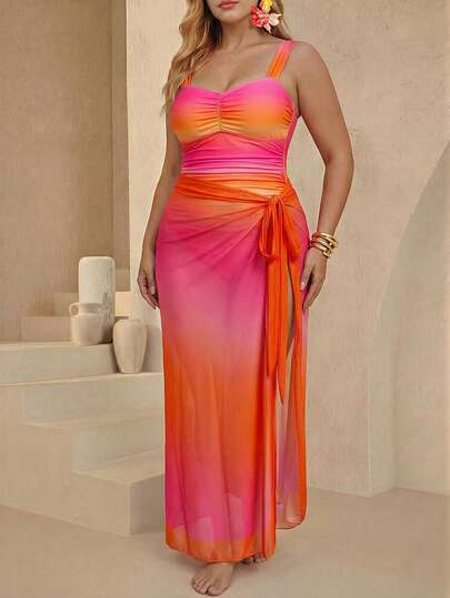 Swim Oasis Plus Size Women 2pcs Set Ombre Ruffled One-Piece Swimsuit For Summer Beach Vacation