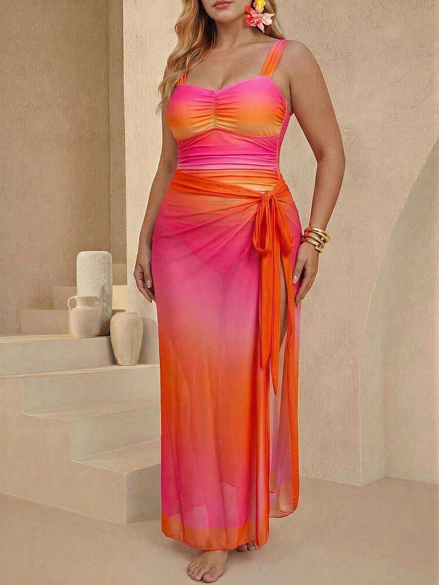 Swim Oasis Plus Size Women 2pcs Set Ombre Ruffled One-Piece Swimsuit For Summer Beach Vacation - Multicolor - View 1