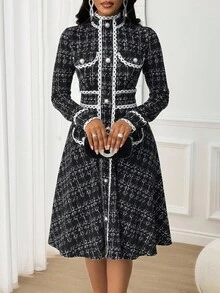 SHEIN Lady 女士休闲通勤长袖纽扣腰中长连衣裙 - 黑與白 - 查看 8