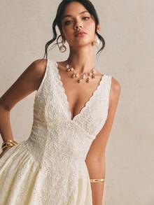 Poéselle Đầm ngắn không tay cổ chữ V họa tiết jacquard thanh lịch dành cho nữ - Màu be - Xem 8