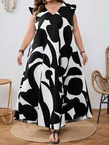 SHEIN CURVE+ Đầm ngắn tay cổ chữ V cỡ lớn, họa tiết hoa ngẫu nhiên, thích hợp mặc đi nghỉ hè. - Đen và trắng - Xem 7