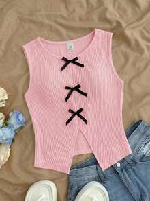 少女可爱白色露脐上衣，黑色蝴蝶结装饰，开衩下摆，夏季上衣 - 粉色 - 查看 1