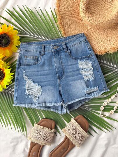 Soleia Shorts vaqueros rasgados para mujer, shorts vaqueros desgastados y elásticos, versátiles y favorecedores, pantalones de verano