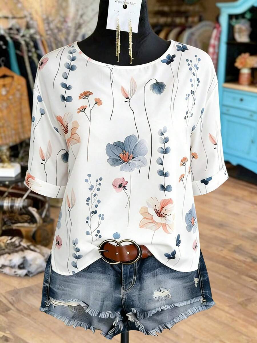 Louniche Standard Size Women's Round Neck Vacation Floral Print Casual Shirt - White - View 1