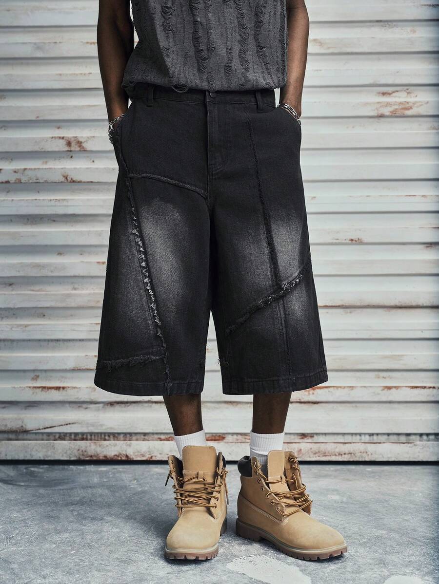 Modcrash Men's Denim Shorts Jeans, Distressed Casual Streetwear Street, Wide Leg Loose Relaxed Fit, Vacation, Spring Summer, Unisex - Black - View 1