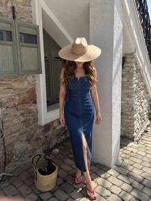 DAZY Women's Summer Halter Neck Sleeveless Long Denim Wash Bodycon Slit Dress - Dark Wash - View 4