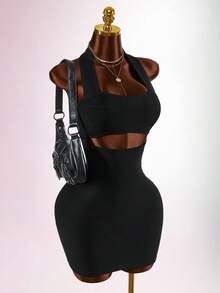 Amplova Y2K schwarzes Sommer Techno Club Rave enges ärmelloses Bandage Bodycon Minikleid, rückenfrei einfarbig Festival Outfit für Frauen elegante Party - Schwarz - Übersicht 11