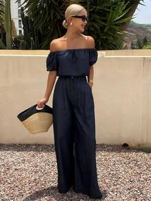 Livesso Bộ đồ denim hai mảnh cho nữ, áo trễ vai - Màu xanh lam - Xem 4