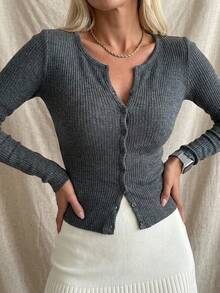 DAZY Women's Solid Color Single-Breasted Ribbed Long Sleeve Cropped T-Shirt - Grey - View 5