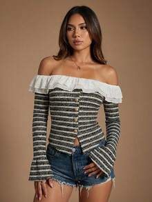 DAZY Women's Black And White Striped Long Sleeve T-Shirt,Autumn Elegant Off-Shoulder Mesh Ruffle Splice Metal Button Textured T-Shirt For Dates,Party - Black and White - View 6