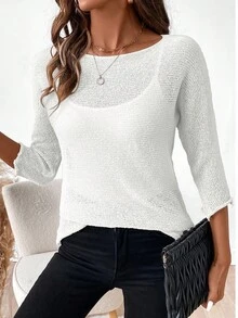 Casual Solid Color Sweater, Spring/Summer - White - View 3