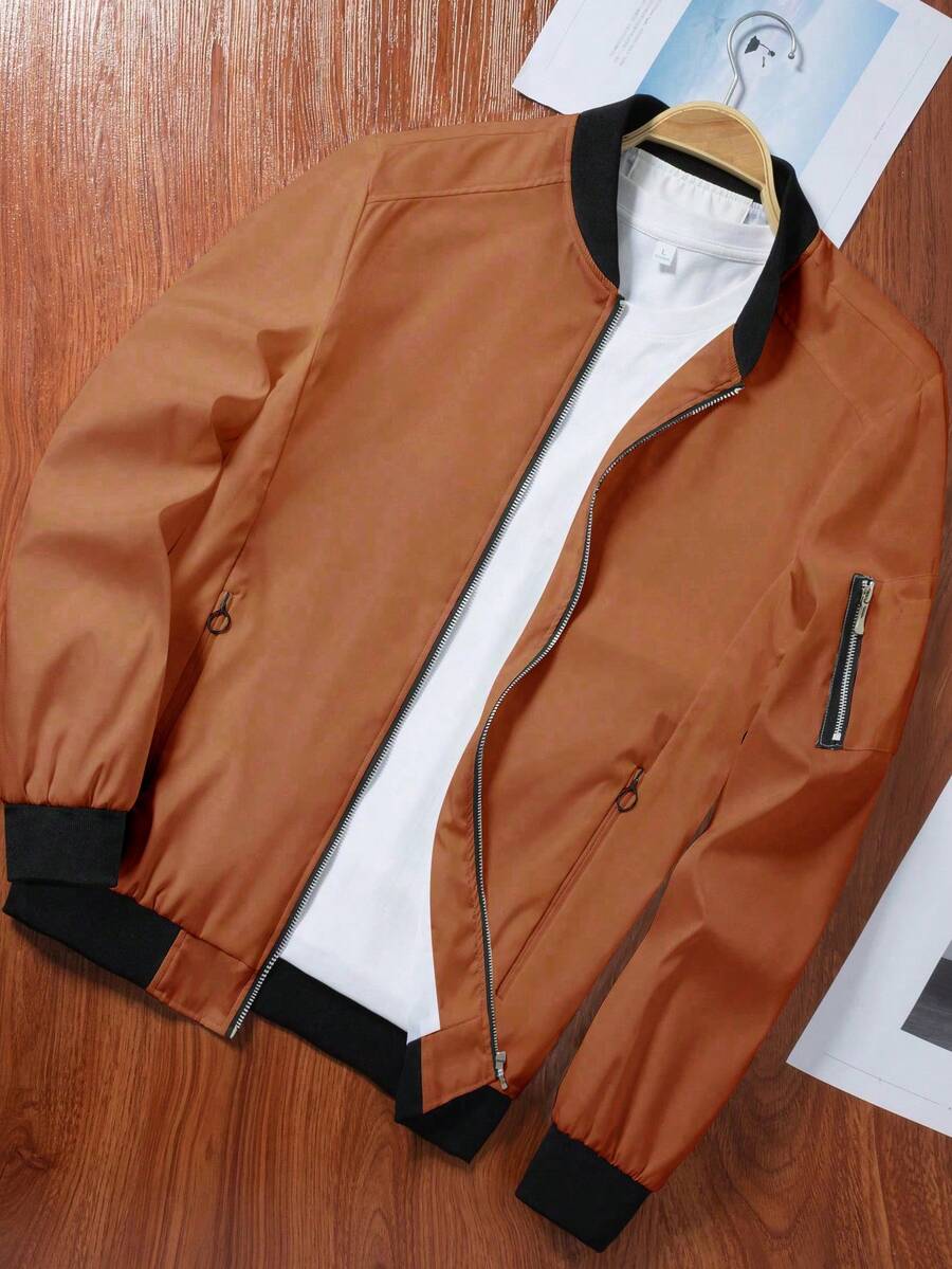 Manfinity Homme Men's Casual Contrast Color Jacket, Suitable For Spring And Autumn - Brown - View 1