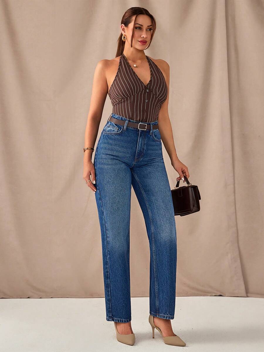High Waist Straight Leg Washed Blue Woman Casual Style Button Front Denim Jean - Medium Wash - View 1