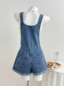 Elamini Fashionable Casual Button Cuffed Washed Denim Bib Shorts - Light Wash - View 2