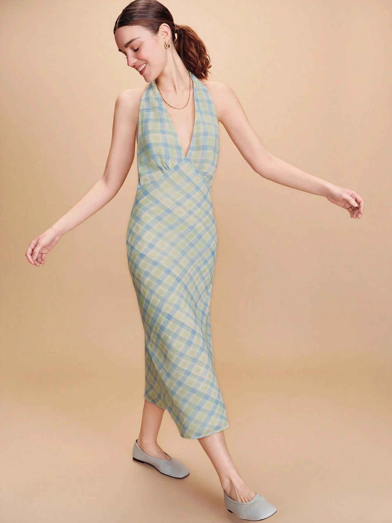 Self-Tie V-Neck Two-Tone Gingham Midi Dress, Cute And Chic Vibe, Pretty Spring/Summer For Going Out Spring Summer French Style Parisian Style Vacation Dress Resort Dress Holiday Dress