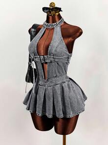 Mistrie Đầm denim nữ gợi cảm cổ yếm khoét rỗng với thiết kế khóa cài. - màu đen - Xem 4