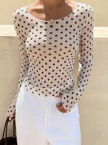 DAZY Women's Polka Dot Sheer Long Sleeve Crew Neck Undershirt, Spring/Summer - White - View 2