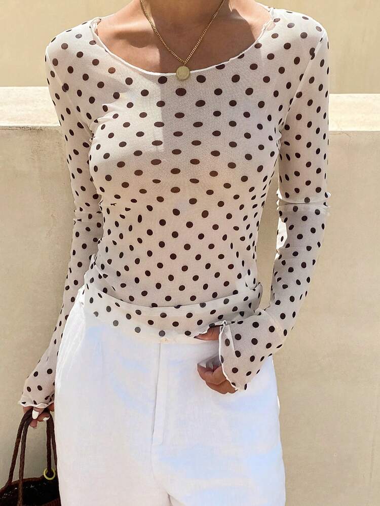 Women's Polka Dot Sheer Long Sleeve Crew Neck Undershirt, Spring/Summer