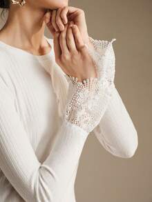 SHEIN Unity Women's White Ribbed Knit Long Flare Sleeve T-Shirt With Contrast Lace Trim And Round Neck Casual Regular Fit Top - White - View 2