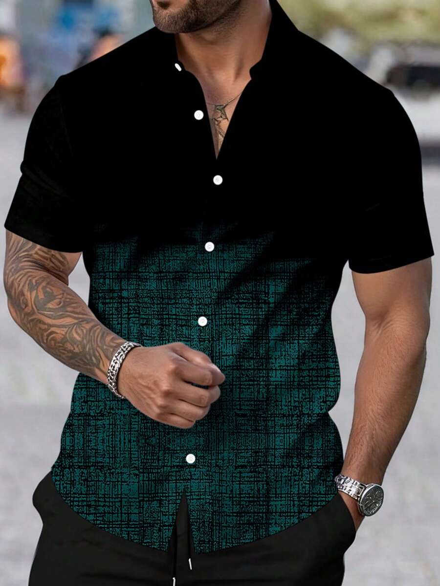 Manfinity Homme Áo sơ mi nam tay ngắn cài cúc phía trước kiểu ombre, phong cách thường ngày. - Nhiều màu - Xem 1