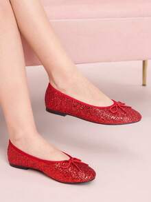 CUCCOO DOLLMOD 女士红色亮片圆头芭蕾舞鞋，饰有蝴蝶结，可爱优雅，适合节日装扮的套脚鞋 - 紅色 - 查看 4