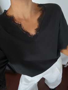 DAZY Áo thun nữ phối ren, kiểu dáng thường ngày, đa năng. - màu đen - Xem 7