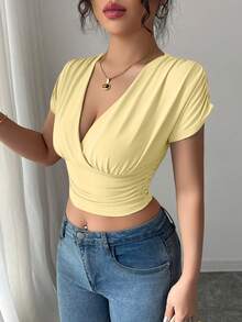 Elenzga Women's Casual V-Neck Cinched Waist T-Shirt - Yellow - View 5