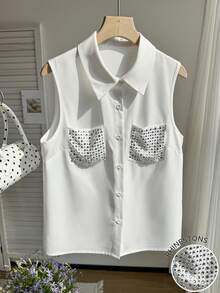 Resyla 女士无袖衬衫，带水钻口袋 - 白色 - 查看 5