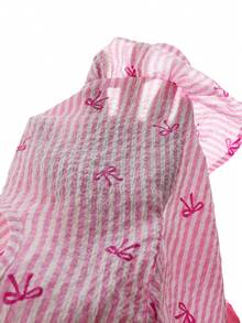 SHEIN Vintaside Kids 2件組女嬰粉色與白色夏季可愛格紋印花蝴蝶結裝飾背心上衣與長褲套裝，親子穿搭時尚校園旅行穿著 - 粉色 - 查看 8