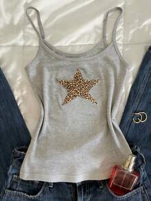 Glimmora Camiseta sin mangas cómoda con estampado de estrella gris y estampado de leopardo en forma de pentagrama para el verano - Gris - Ver 1