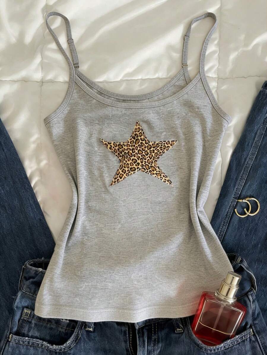 Glimmora Camiseta sin mangas cómoda con estampado de estrella gris y estampado de leopardo en forma de pentagrama para el verano - Gris - Ver 1