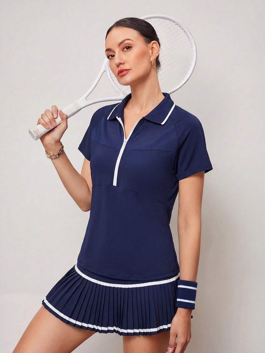 Activina 女士休闲拉链短袖运动Polo衫 - 藍色 - 查看 1