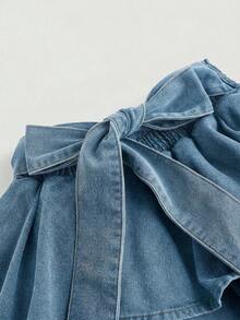 SHEIN MOD Plus Size Denim Mini Skirt With Bow Accent, Blue - Light Wash - View 4