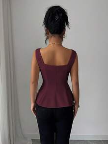 SHEIN Elenzya Women's Sweetheart Neck Front Split Waist A-Line Sleeveless Camisole Top,Burgundy,Summer,Elegant,Date Night Vintage French Style For Commute,Casual - Maroon - View 2