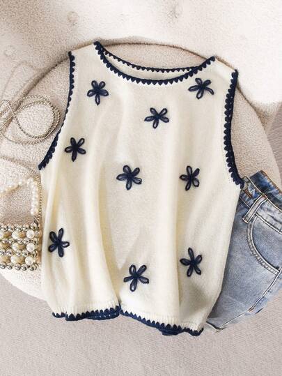 CosyJoli 大码撞色滚边圆领无袖印花休闲针织上衣