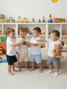 SHEIN Playful Pals 幼儿男童休闲弹力腰短裤，带口袋、假门襟和抽绳装饰，百搭风格，适合日常穿着、上学、旅行和运动。 - 彩色 - 查看 3