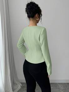 Selianne Women's Elegant Sage Green Long Sleeve Blouse,Autumn Office Work Blouses,Trapezoid Square Collar Front Button Waistline Decor A-Line Business Tops - Mint Green - View 2