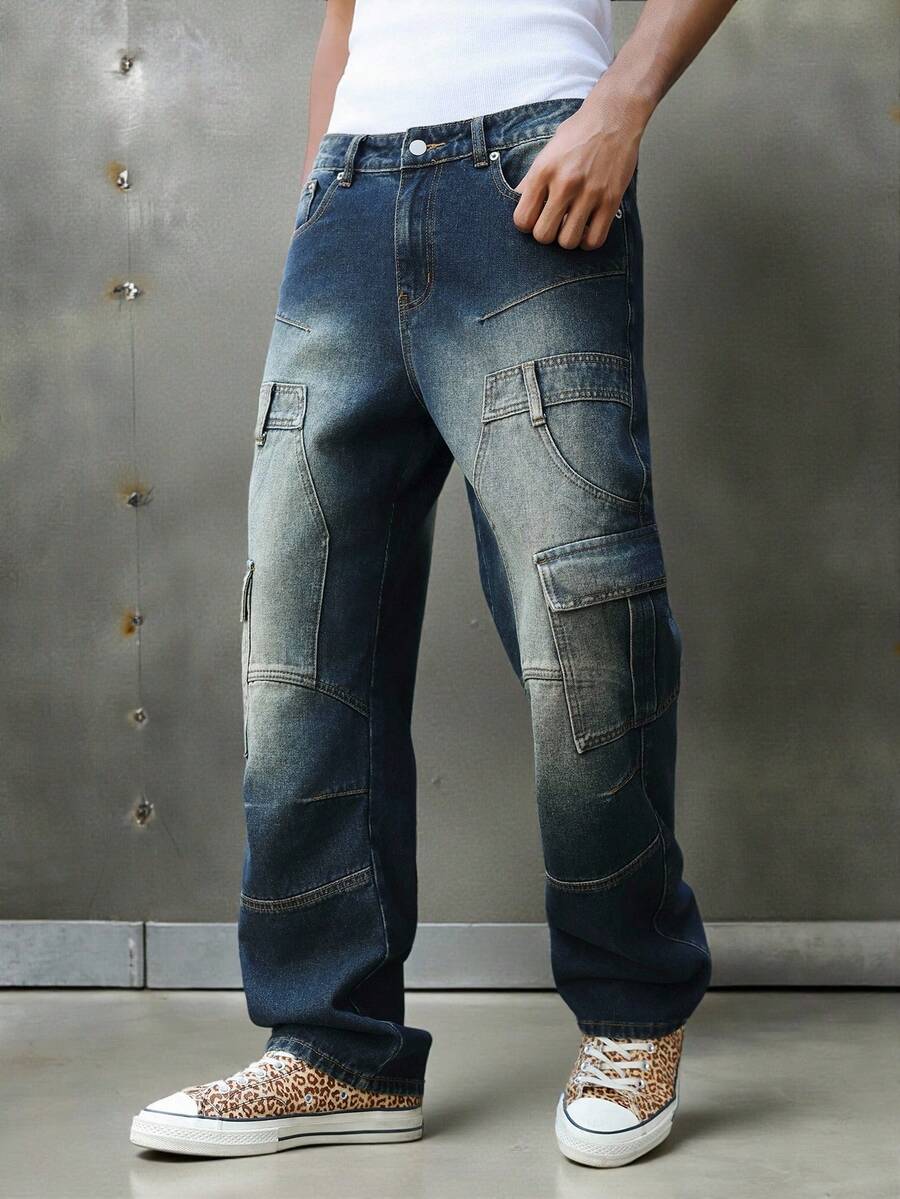 Manfinity EMRG Quần jeans nam dáng suông ống đứng, chất liệu denim denim rách, kiểu dáng đường phố năng động, thích hợp cho mùa xuân/hè. - Màu xanh lam - Xem 1