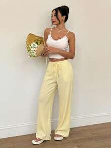 SHEIN PETITE Quần dài nữ mùa hè mới, chất liệu dệt kim, màu trắng nhạt, kiểu dáng thường ngày, thích hợp mặc đi nghỉ mát, hoặc mặc ở nhà vào mùa thu/đông. - Vàng nhạt - Xem 6