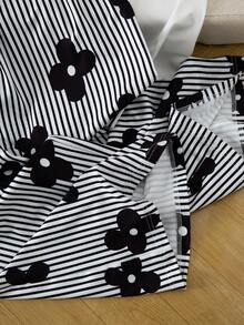 SHEIN Summer Clothes Teen Girl Casual Floral Print T-Shirt And Striped Pants Set, Summer Squishy Set Summer Outfits - Black and White - View 8