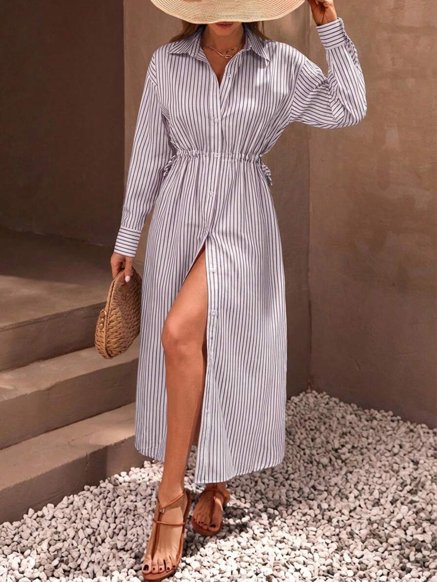 EURMUSE Casual Basic Style Effortless Linen Look Button Through And Drawstring Belt Detailed Maxi Shirt Dress Golf White Autumn - Multicolor - View 1