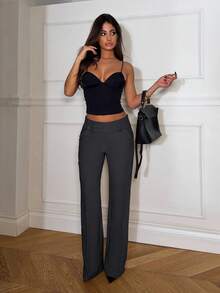 Ronhire Women's Solid Color Waist Button Design Pocket Casual Flare Pants,Fall,Fall Clothes For Women,Winter Clothes For Women - Dark Grey - View 5