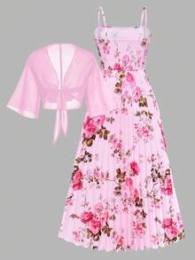 Franclia Vestido de mujer talla grande de gasa con estampado floral, manga de mariposa, cintura con moño, bajo plisado, conjunto de 2 piezas para uso casual/vacaciones/citas - Rosa - Ver 2
