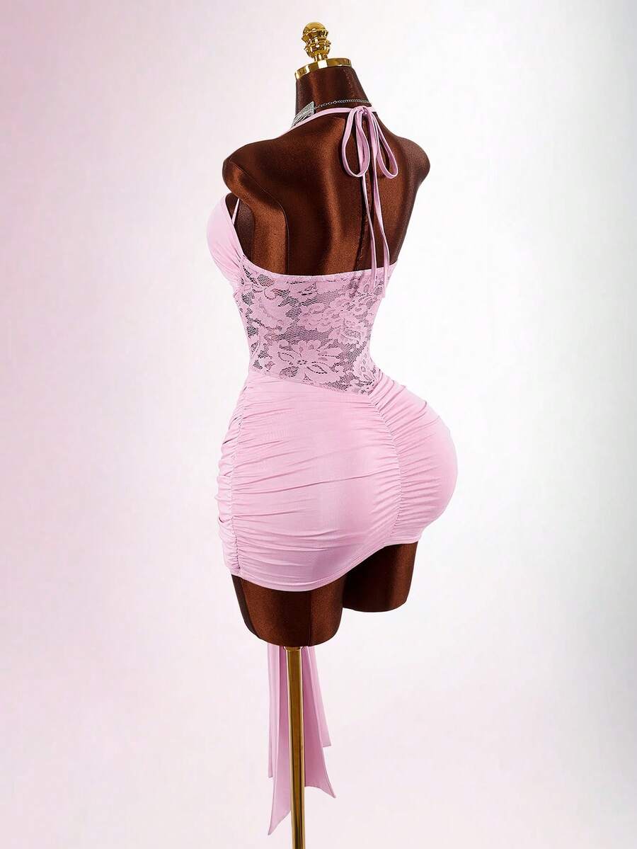 Amplova Romantic Yellow Spring Vacation Halter Front Twist V-Neck Split Mini Dress For Women - Pink - View 1