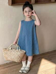 DAZY Đầm hè cho bé gái (trẻ nhỏ), đầm công chúa không tay thắt nơ, đầm denim cho trẻ em. - Màu xanh lam - Xem 4