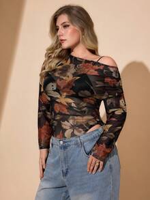 Hourglow Mono de malla transparente con estampado de hojas, de corte asimétrico, para talla grande, para figura de reloj de arena, para otoño/2026/Año Nuevo - Albaricoque - Ver 6