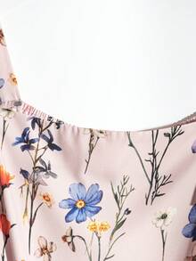 Linhara Salopetă casual de vacanță, cu imprimeu digital, floral, cu nasturi reglabili, mărime plus, model picnic la țară - Roz praf - Vizualizare 4