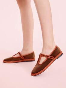 CUCCOO DOLLMOD 女士蓝色优雅丝绒经典舒适T字带玛丽珍平底鞋 - 摩卡棕 - 查看 5
