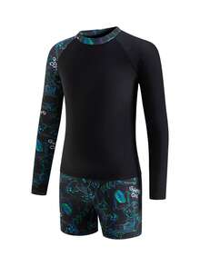 SHEIN 2pcs Teen Boys Casual Vacation Game Console With Night Vision Fluorescent Print Long-Sleeved Swimsuit And Swim Trunks, Suitable For Beach Vacations And Pool Parties, Perfect For Spring And Summer. - Black - View 3