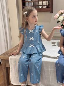 Elladie kids 2件套女童夏季新款圆领蝴蝶结刺绣印花泡泡袖荷叶边下摆衬衫和直筒短裤休闲复古时尚套装 - 藍色 - 查看 8